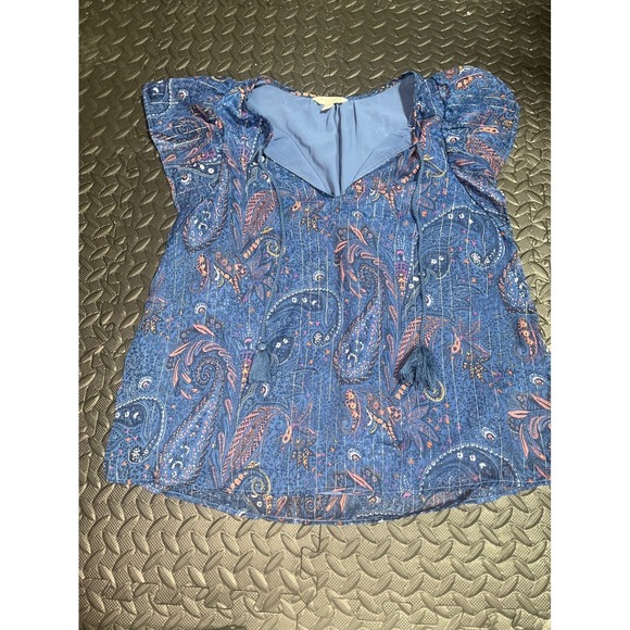 Lucky Brand‎ Paisley Print Top M Blue Orange Short Sleeve Tassel Blouse - Picture 2 of 6